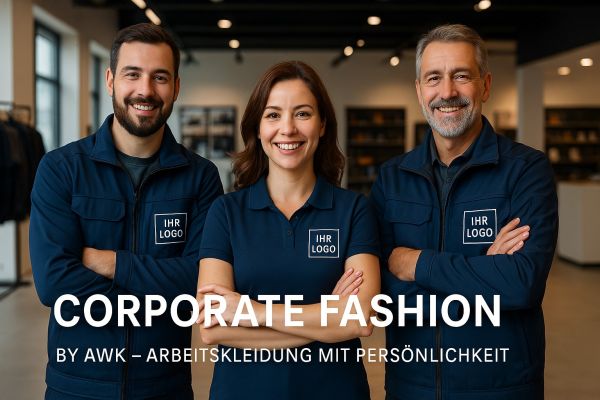 Drei Mitarbeiter in moderner Corporate Fashion von AWK, freundlich lächelnd im Showroom in Fellbach, mit Logo-Platzhaltern auf der Arbeitskleidung.