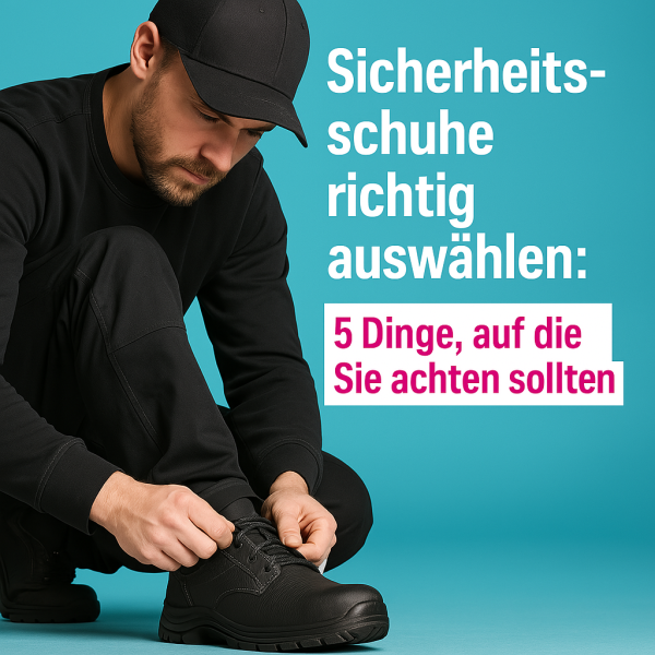 Mitarbeiter in schwarzer Arbeitskleidung beim Anziehen von Sicherheitsschuhen – Fokus auf Schuhwerk und ergonomischer Passform. Hintergrund in AWK-Cyan mit magentafarbenem Hinweistext: ‚Sicherheitsschuhe richtig auswählen: 5 Dinge, auf die Sie achten sollten